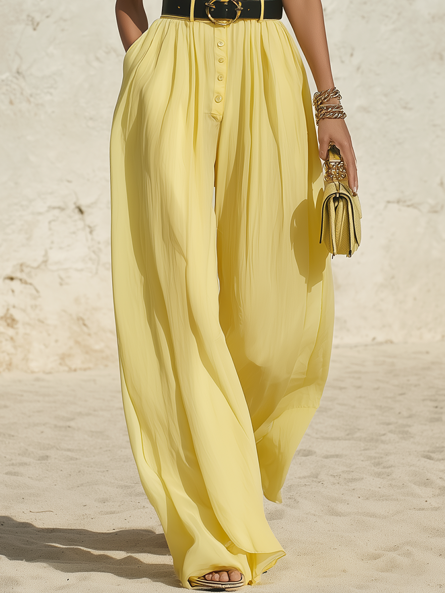 Vacation Casual Style V-neck Sleeveless Solid Color Chiffon Jumpsuit
