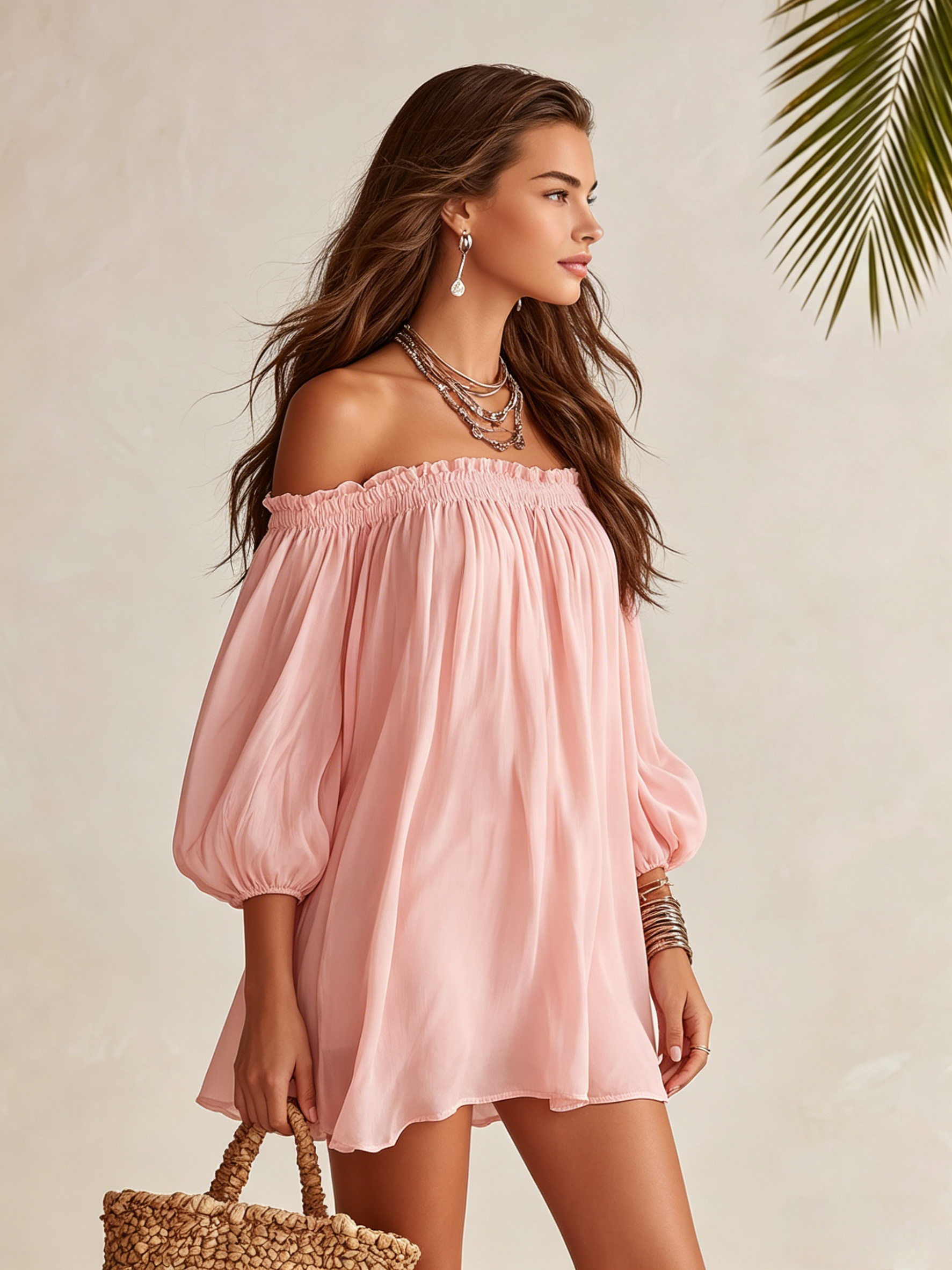 Casual Vacation Style Off-shoulder Lantern Short-sleeved Chiffon Mini Dress