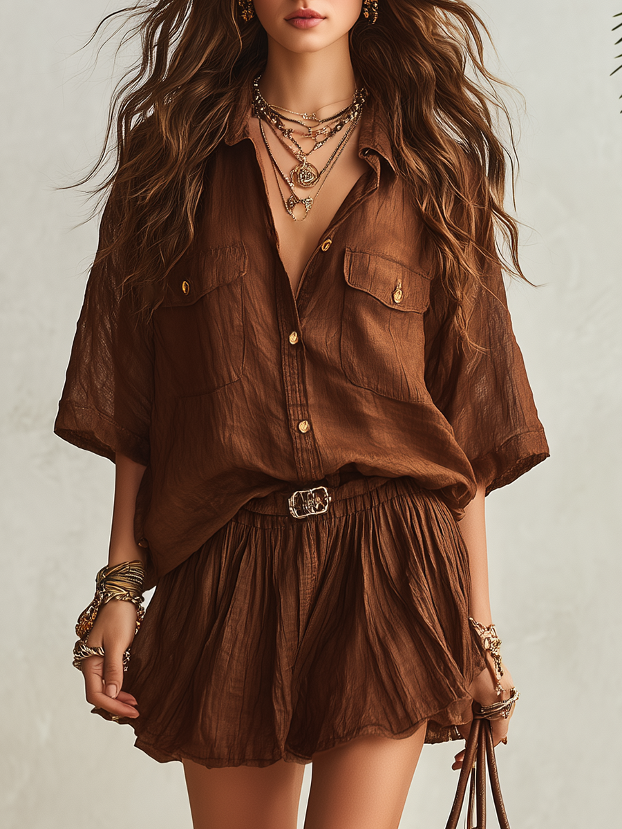 Casual Resort-Style Polo-Collar Short-Sleeve Top And Skirt Set