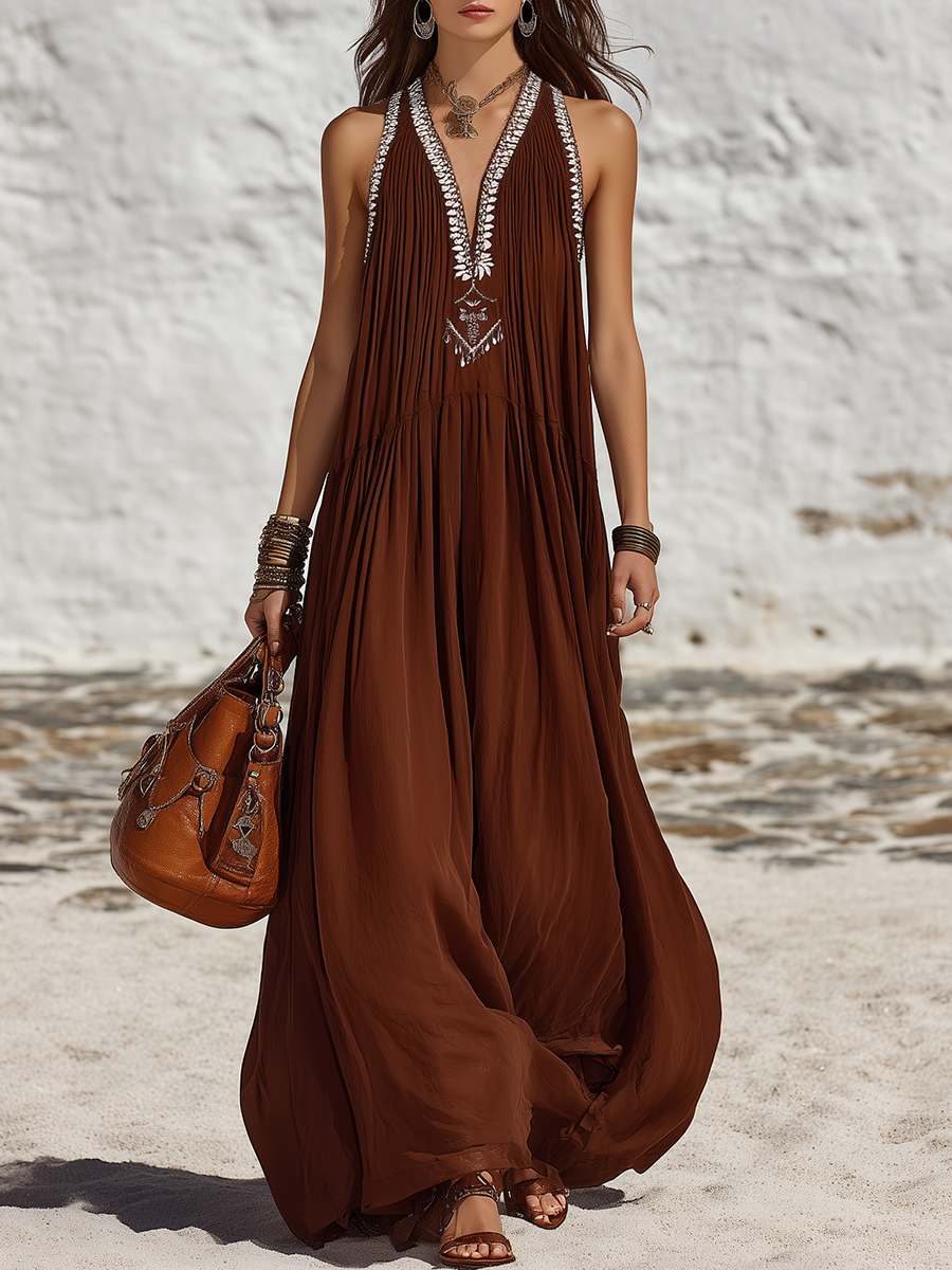 Resort-style V-neck Embroidered Sleeveless Chiffon Maxi Dress