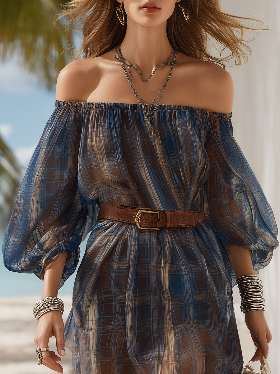 Bohemian Navy Blue And Brown Plaid Print Off-shoulder Puff Sleeve Mini Dress