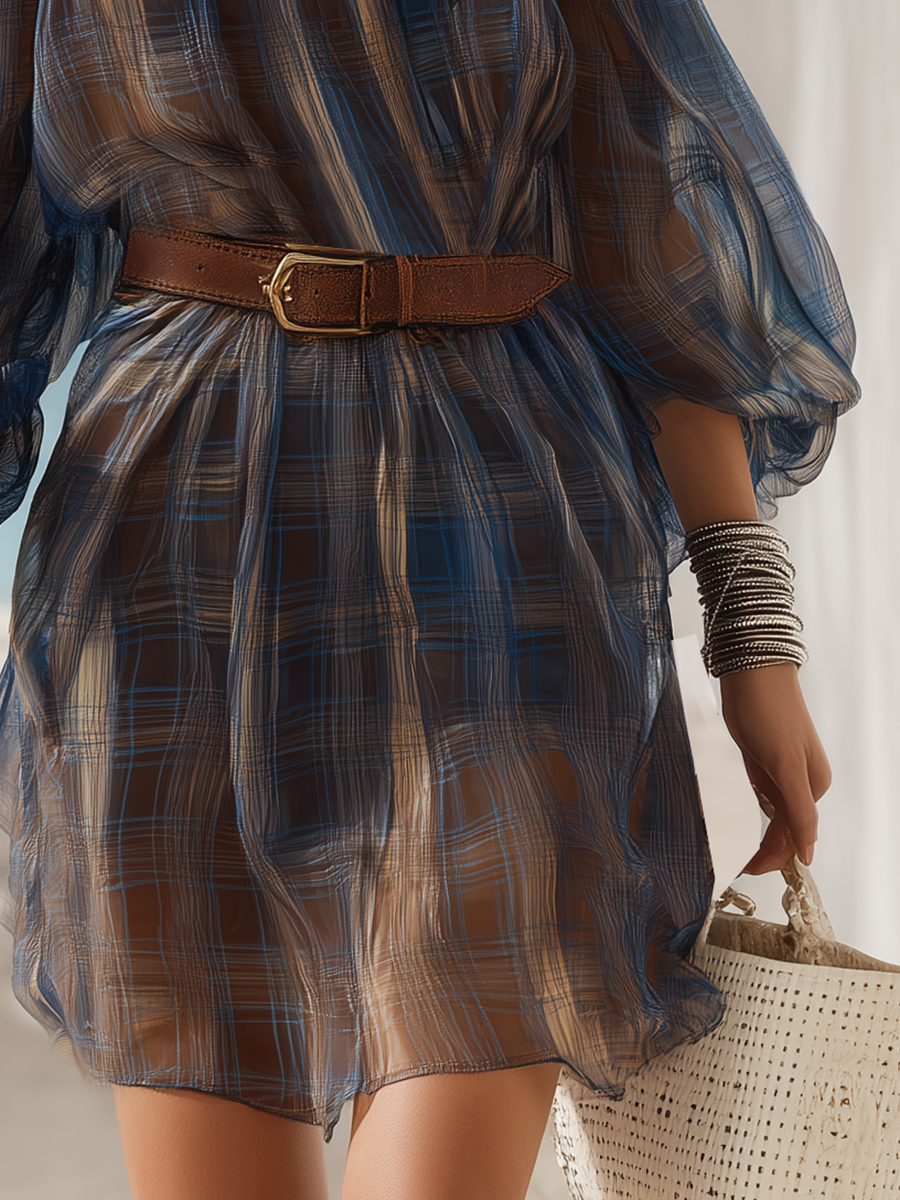 Bohemian Navy Blue And Brown Plaid Print Off-shoulder Puff Sleeve Mini Dress