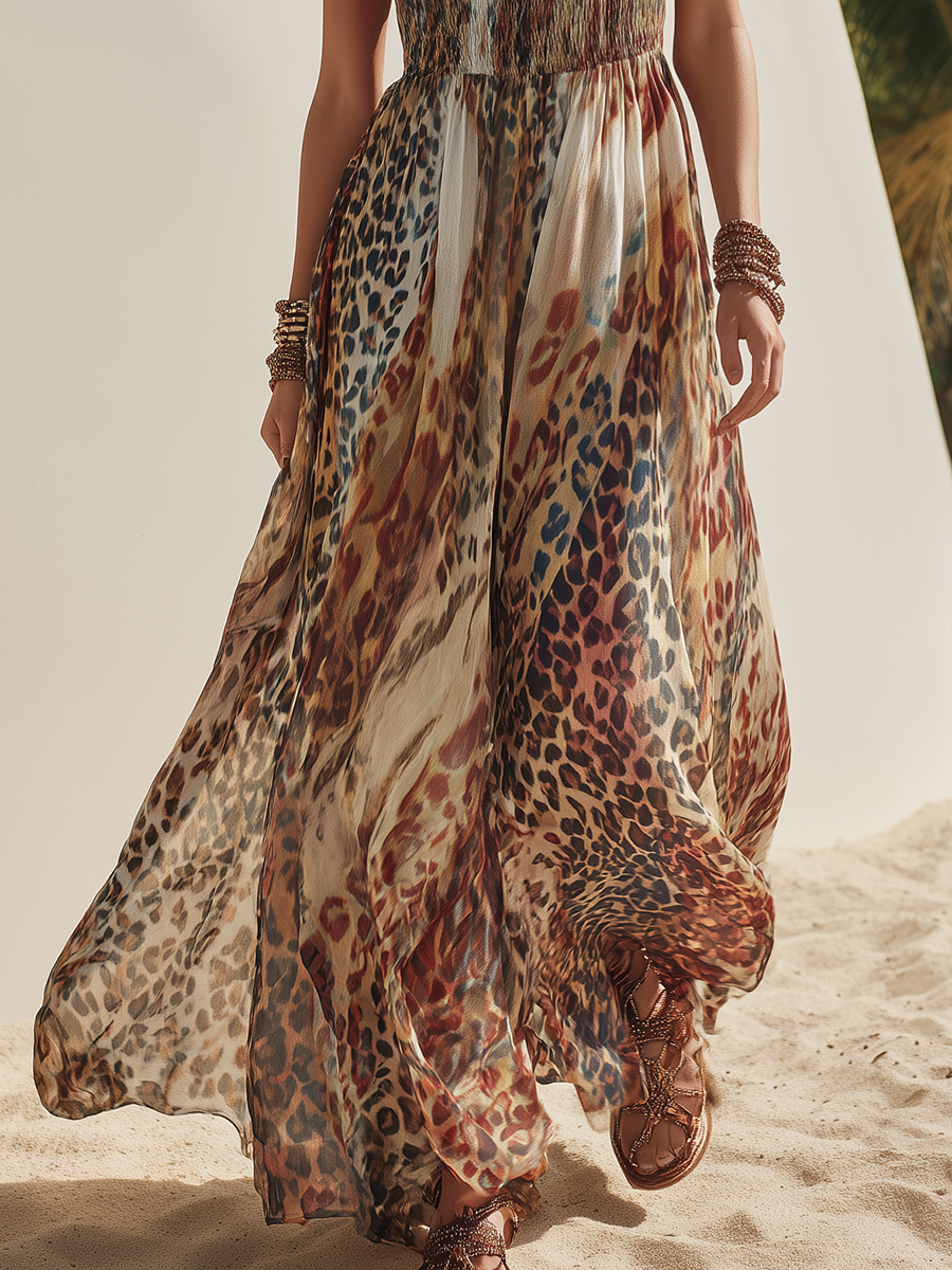 Tropical Resort Abstract Leopard Print Chiffon Square Neck Maxi Dress