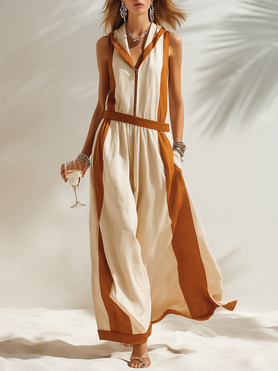 Casual Vacation Brown Trim Beige Hooded Loose Sleeveless Maxi Dress