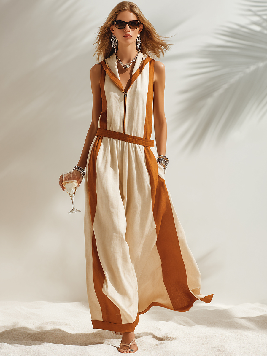 Casual Vacation Brown Trim Beige Hooded Loose Sleeveless Maxi Dress