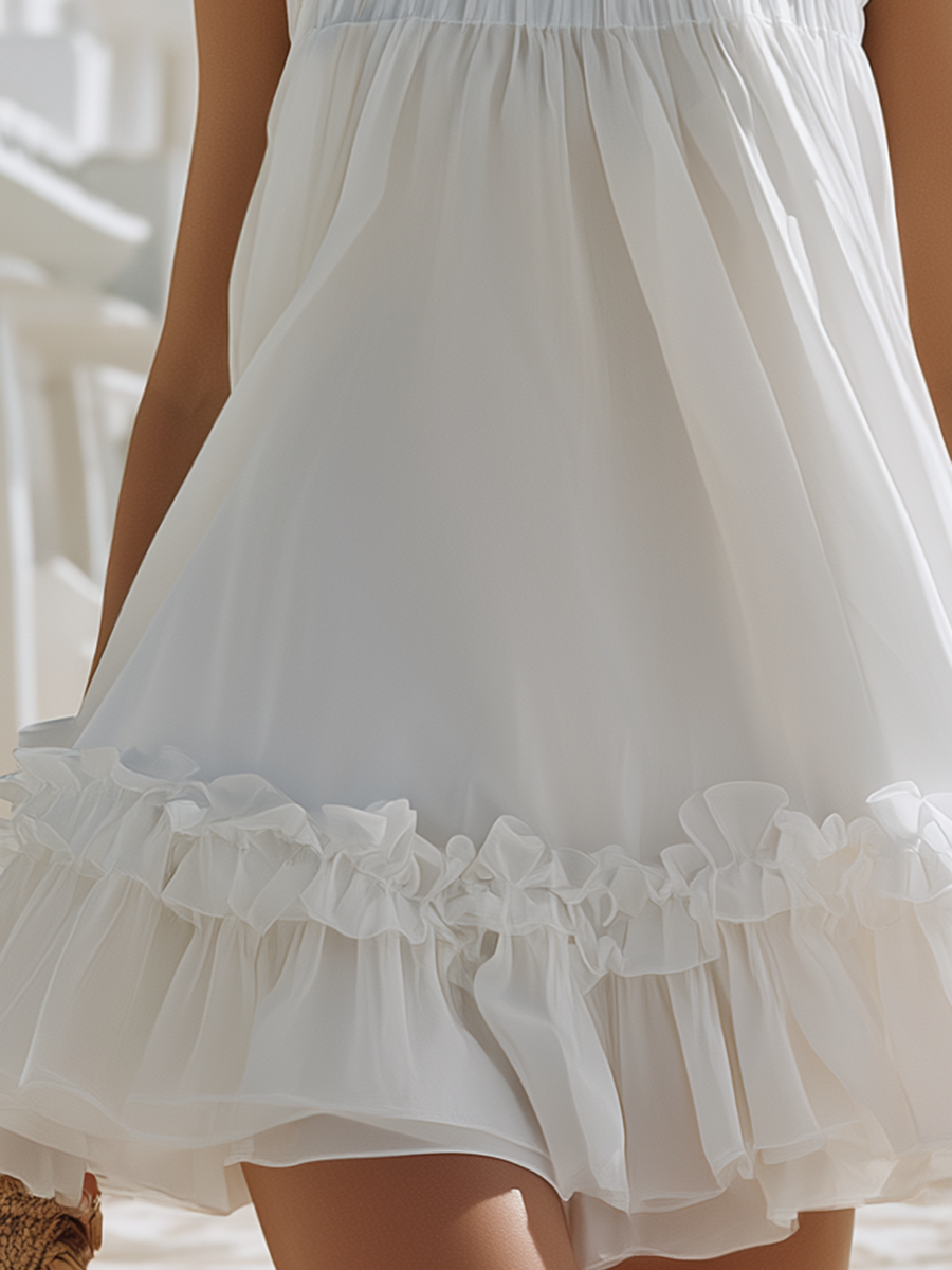 Vacation-Style White Sleeveless Loose Chiffon Mini Dress
