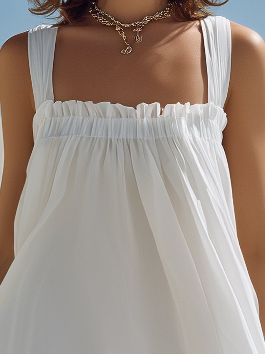 Vacation-Style White Sleeveless Loose Chiffon Mini Dress