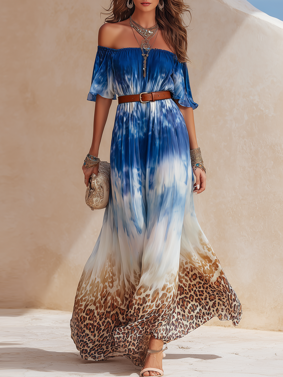 Vacation-Style Chiffon Blue And White Gradient Leopard Print Maxi Dress