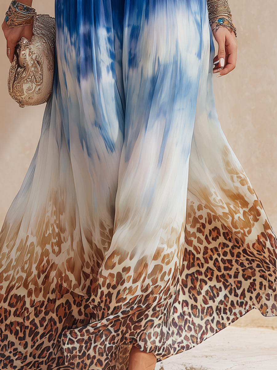 Vacation-Style Chiffon Blue And White Gradient Leopard Print Maxi Dress