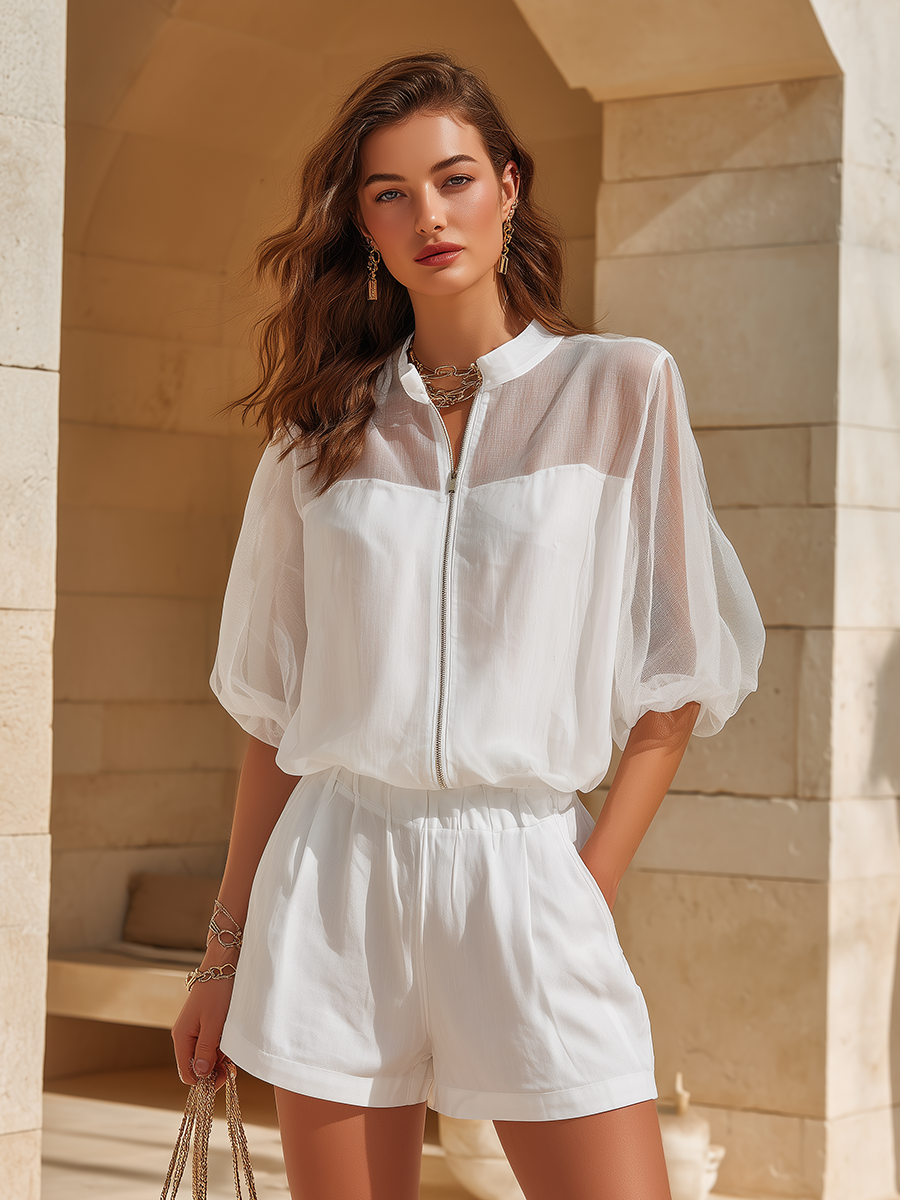 Vacation-Style White Zip-Accent Top And Shorts Set