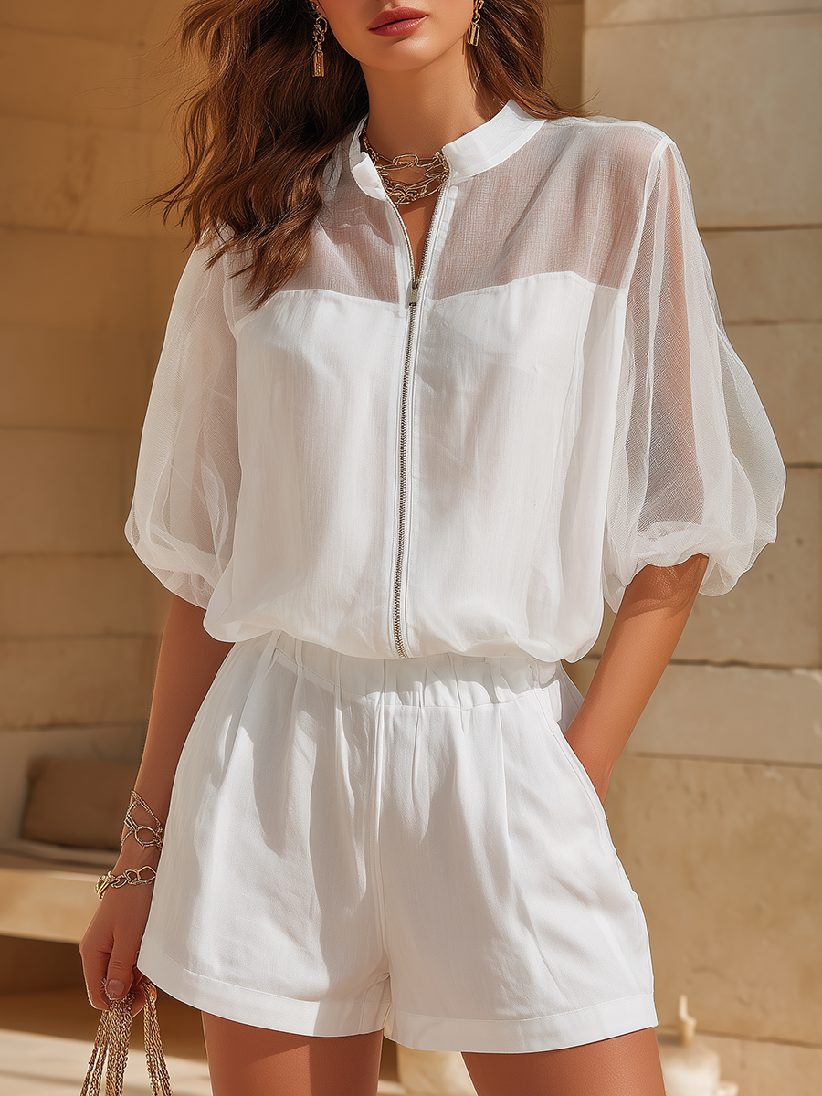 Vacation-Style White Zip-Accent Top And Shorts Set