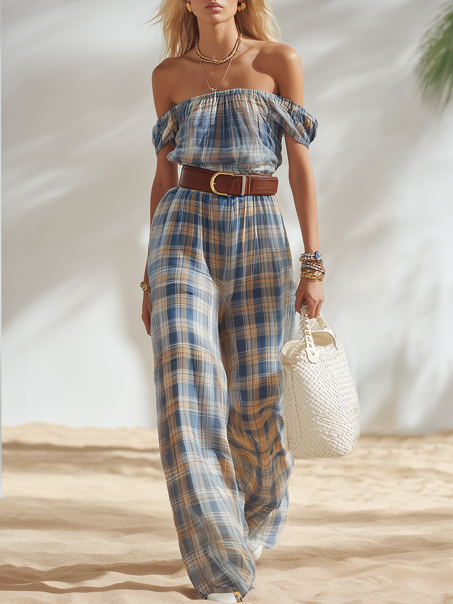 Relaxed Vacation Plaid Chiffon Print Off-shoulder Jumpsuit