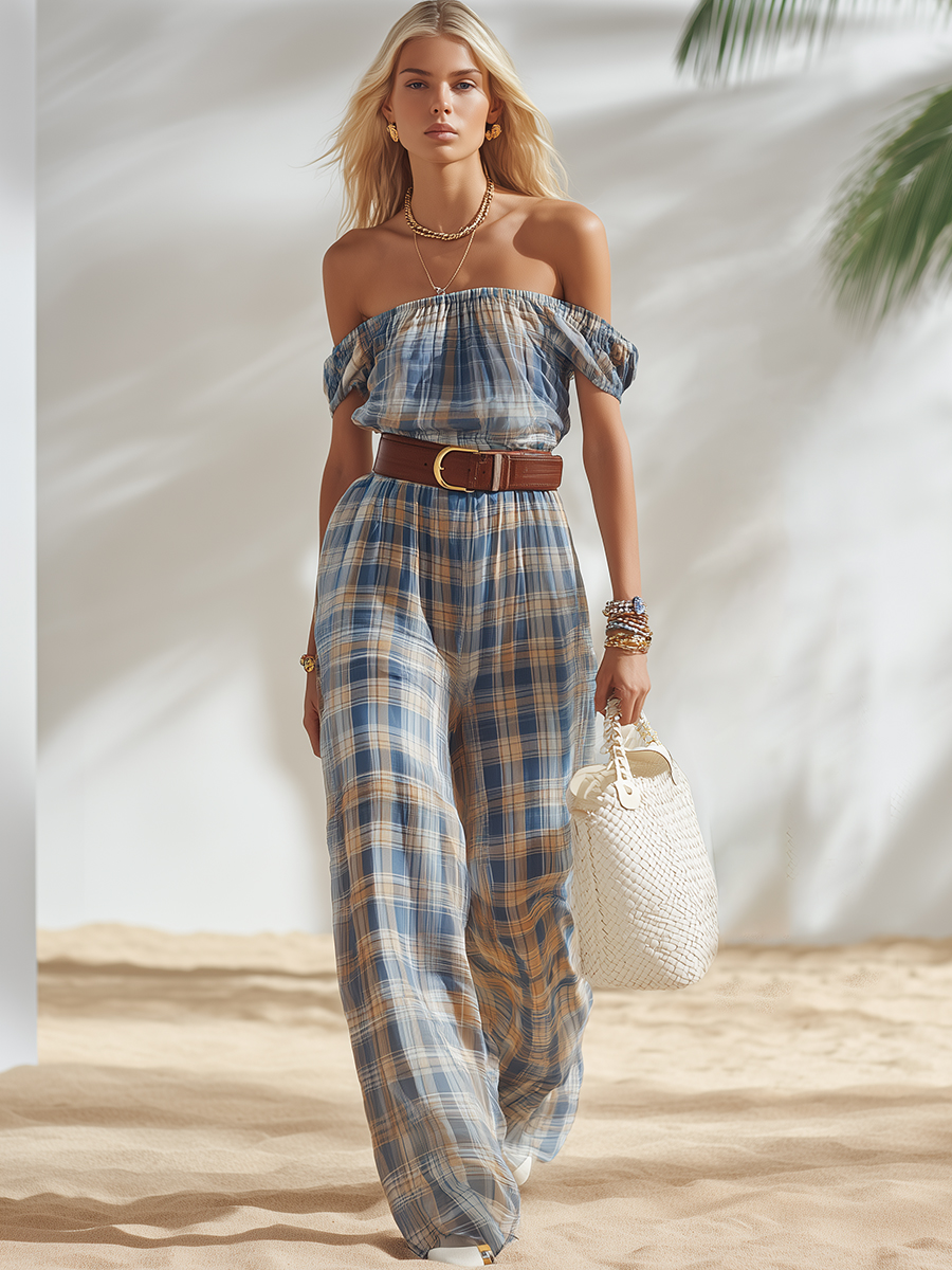 Relaxed Vacation Plaid Chiffon Print Off-shoulder Jumpsuit