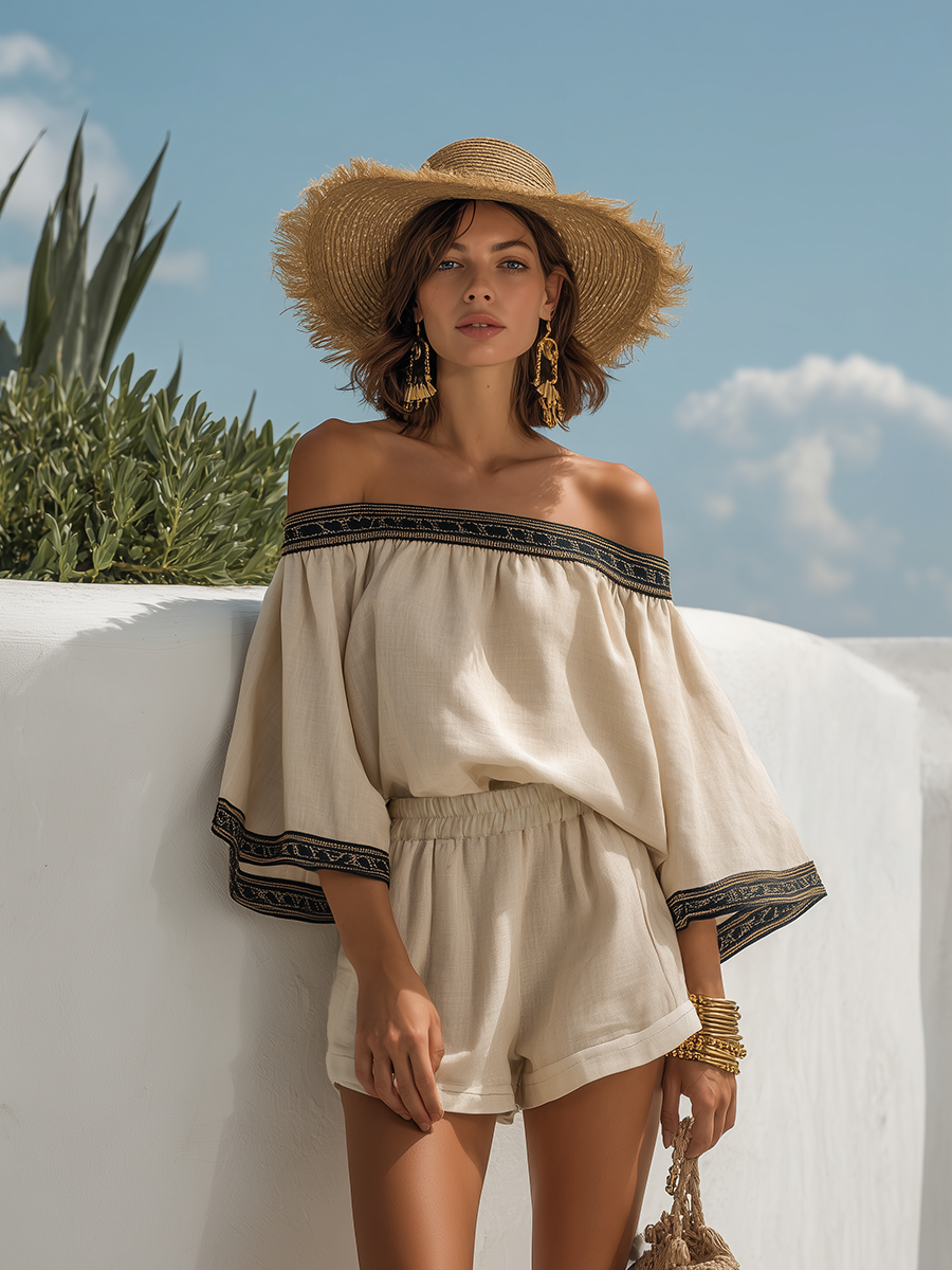 Bohemian Off-Shoulder Black Trim Long-Sleeve Top And Shorts Set