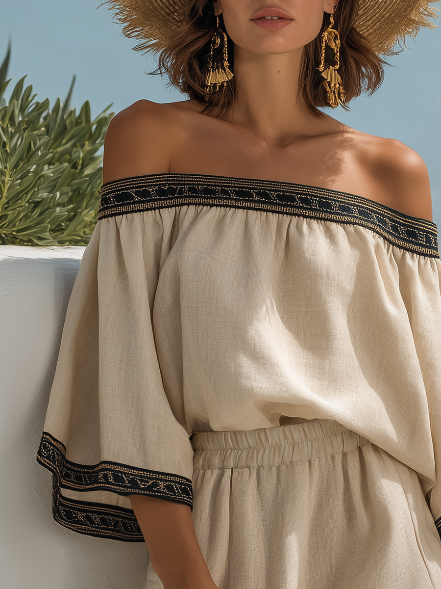 Bohemian Off-Shoulder Black Trim Long-Sleeve Top And Shorts Set