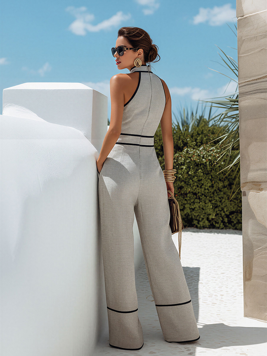 Chic Black Trim Sleeveless Heather Grey Wide-Leg Jumpsuit