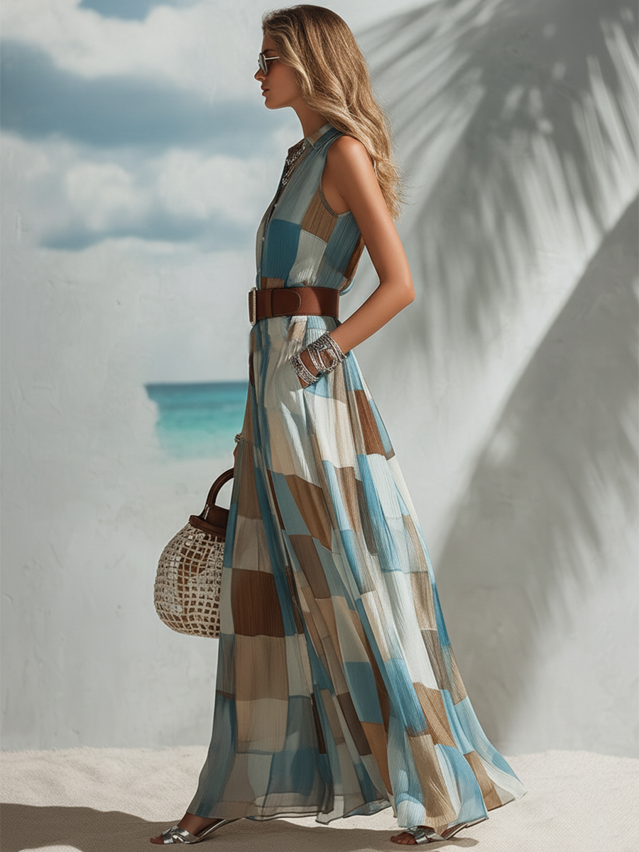 Bohemian Abstract Color Block Chiffon Print Sleeveless Collar Maxi Dress