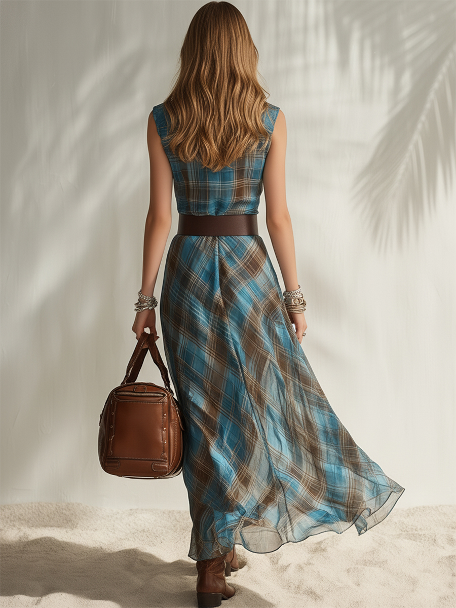 Coastal Resort Blue-brown Plaid Chiffon Print Sleeveless Slit Midi Dress