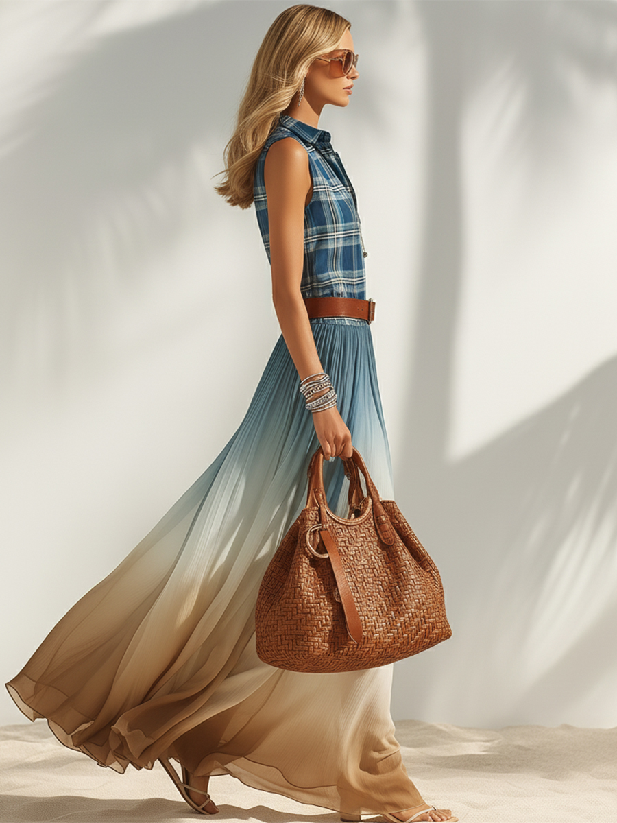Coastal Resort Blue Check Chiffon Print Patchwork Blue-Brown Gradient Chiffon Print Sleeveless Maxi Dress