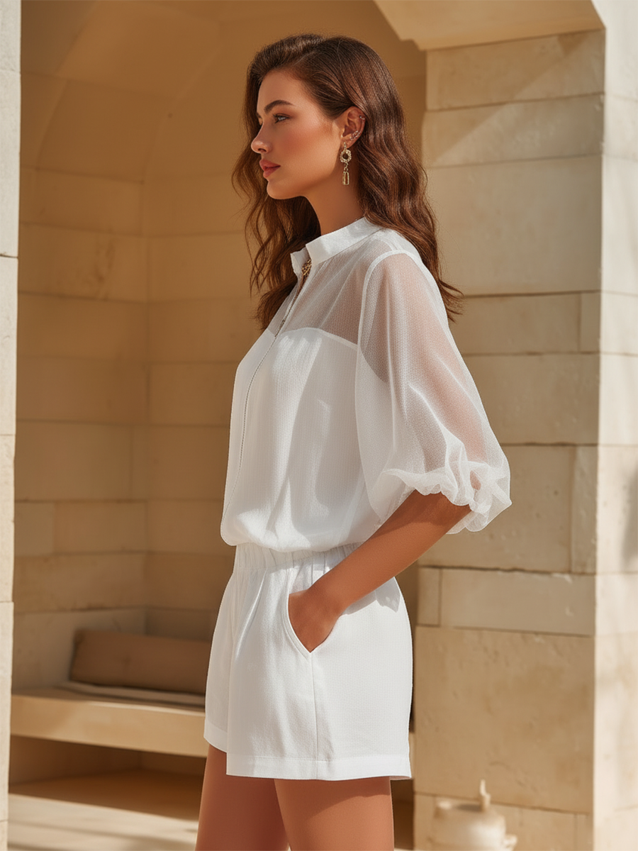Vacation-Style White Zip-Accent Top And Shorts Set