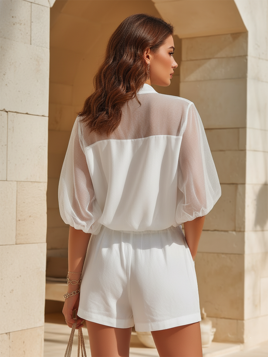 Vacation-Style White Zip-Accent Top And Shorts Set