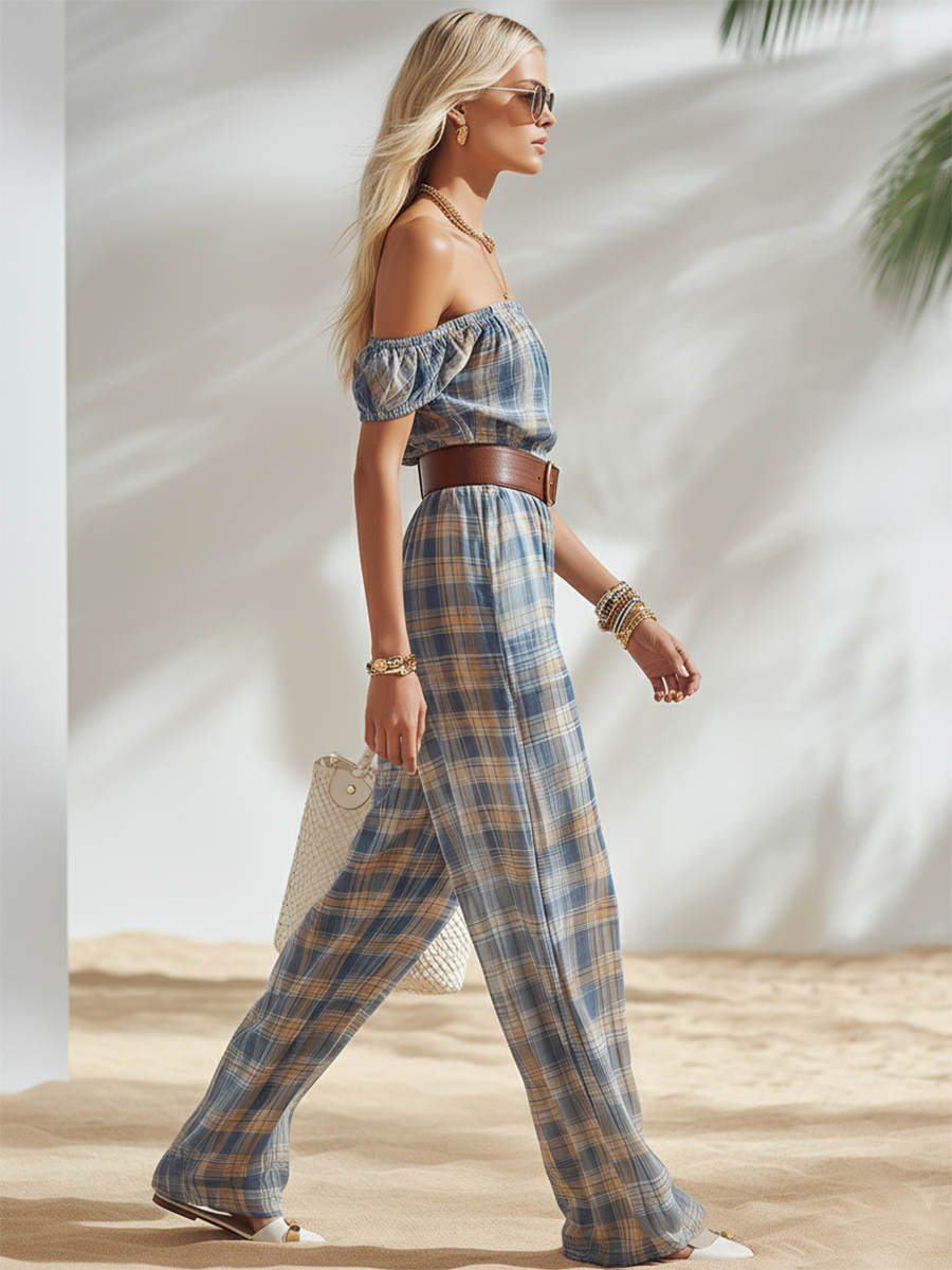 Relaxed Vacation Plaid Chiffon Print Off-shoulder Jumpsuit