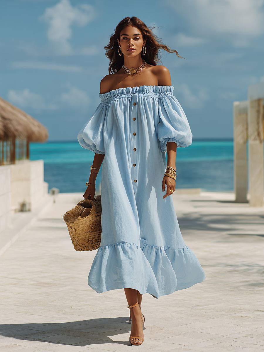Vacation-Style Blue Off-Shoulder Short-Sleeve Loose Maxi Dress