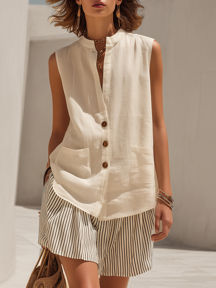 Vacation-Style Loose Sleeveless Off-White V-Neck Long Top And Striped Shorts Set