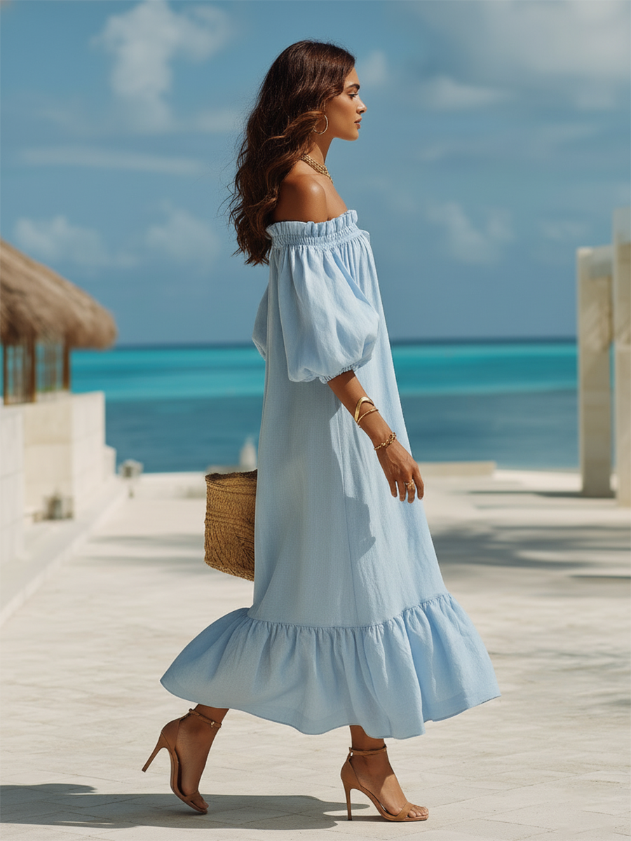 Vacation-Style Blue Off-Shoulder Short-Sleeve Loose Maxi Dress