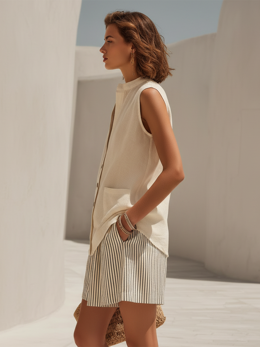 Vacation-Style Loose Sleeveless Off-White V-Neck Long Top And Striped Shorts Set