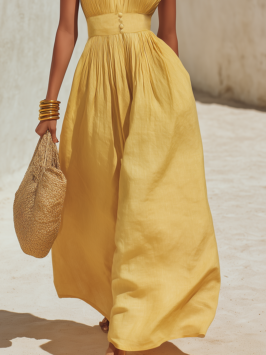 Casual V-Neck Pleated Sleeveless Yellow Cotton-Linen Maxi Dress