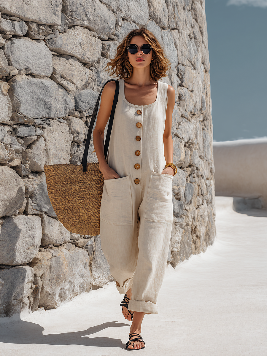 Casual U-Neck Sleeveless Off White Cotton Linen Jumpsuit