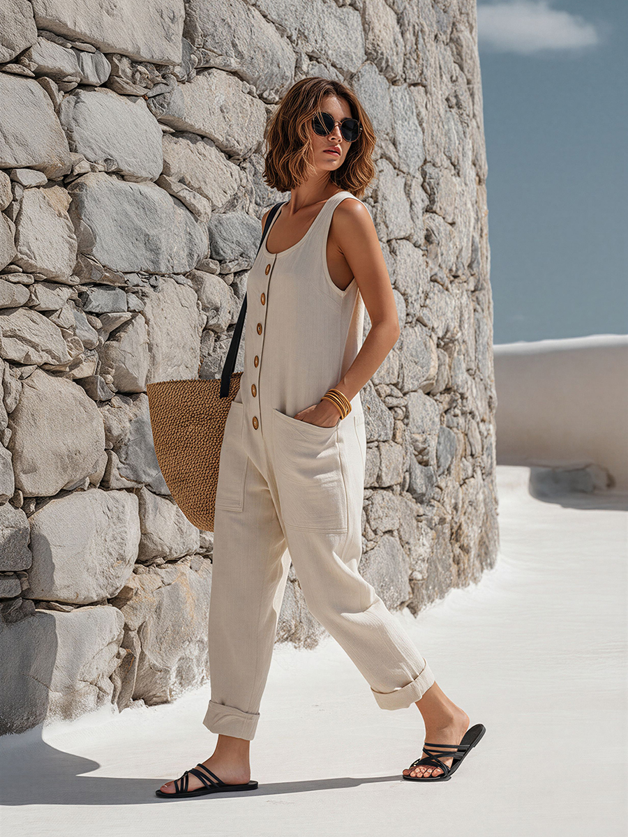 Casual U-Neck Sleeveless Off White Cotton Linen Jumpsuit