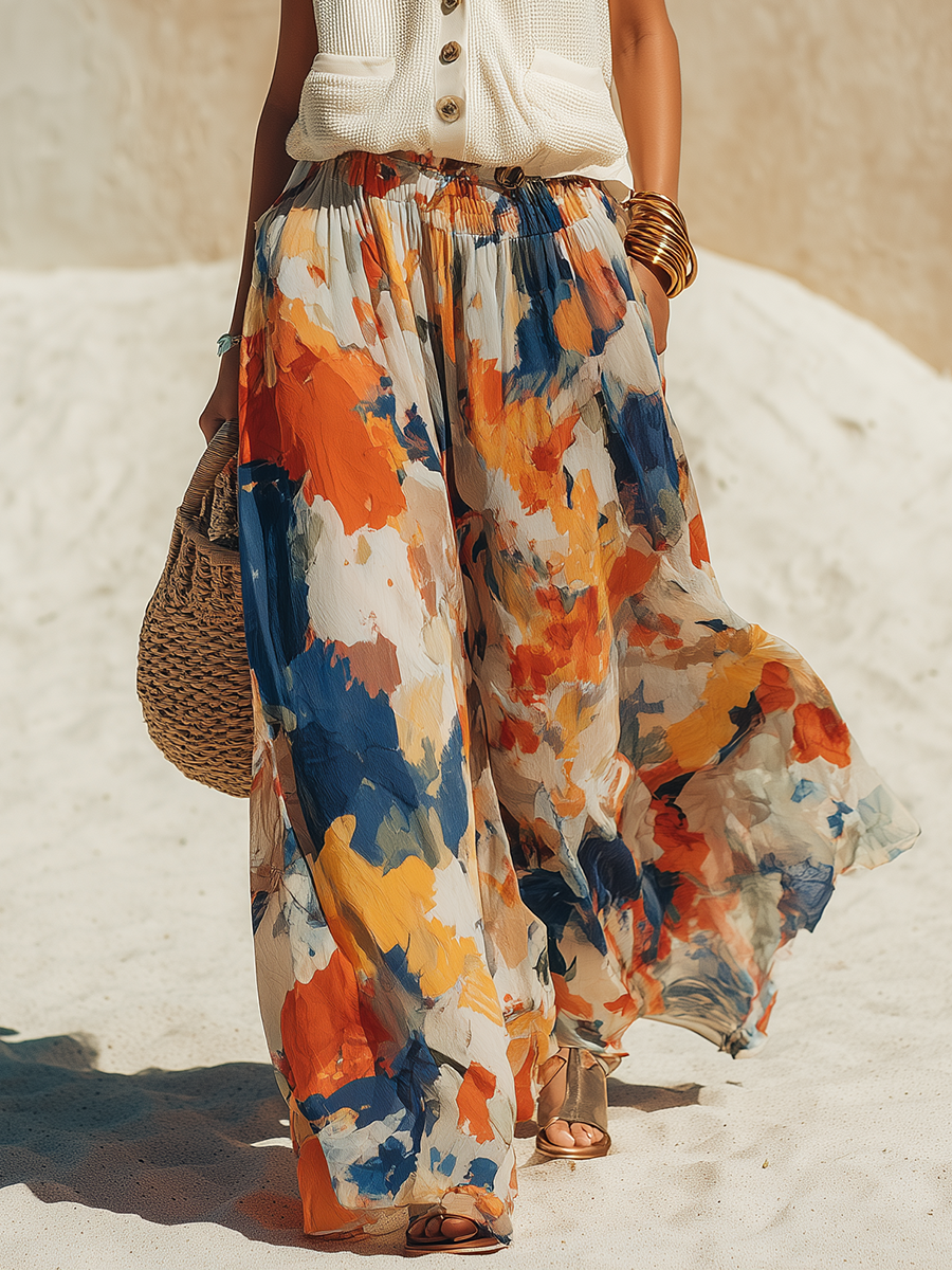Vacation-Style Beige Knit Top And Printed Chiffon Wide-Leg Pants Set
