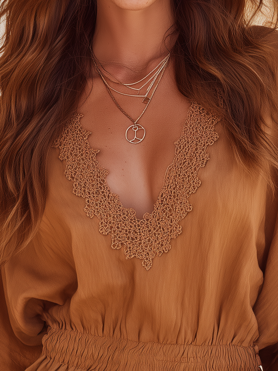 Vacation-Style V-Neck Short-Sleeve Brown Lace Paneling Jumpsuit