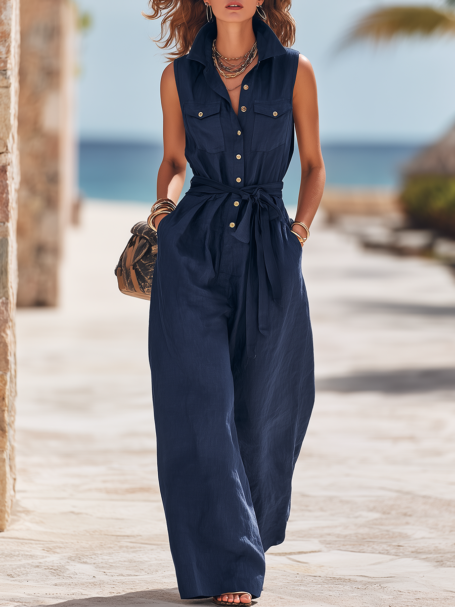 Vacation-Style Dark Blue Collared Sleeveless Loose-Fit Jumpsuit