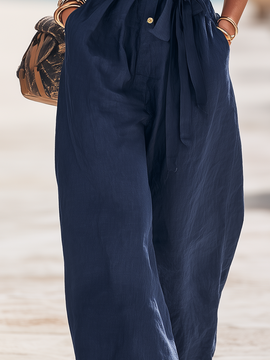 Vacation-Style Dark Blue Collared Sleeveless Loose-Fit Jumpsuit