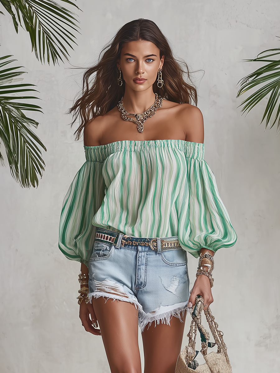 Resort-style Off-shoulder Striped Puff Sleeve Top