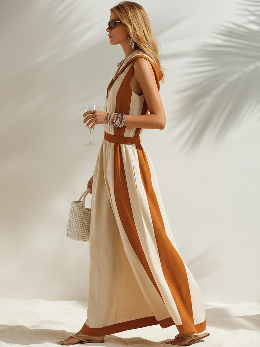 Casual Vacation Brown Trim Beige Hooded Loose Sleeveless Maxi Dress
