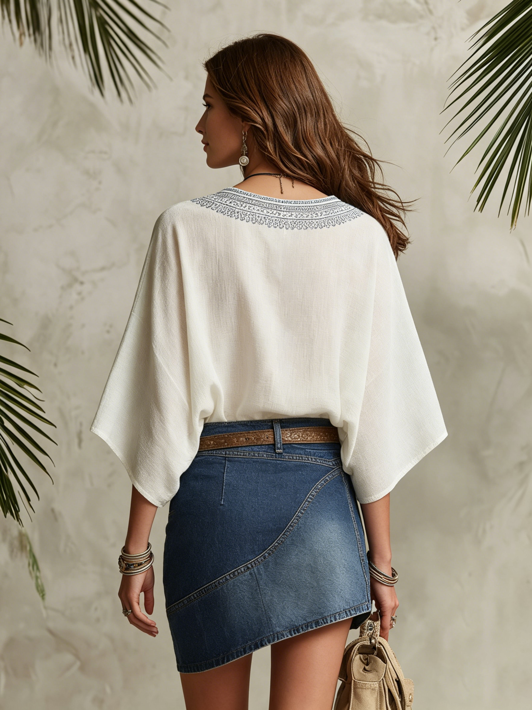 Resort Style Five-Sleeve V-Neck Embroidered Top