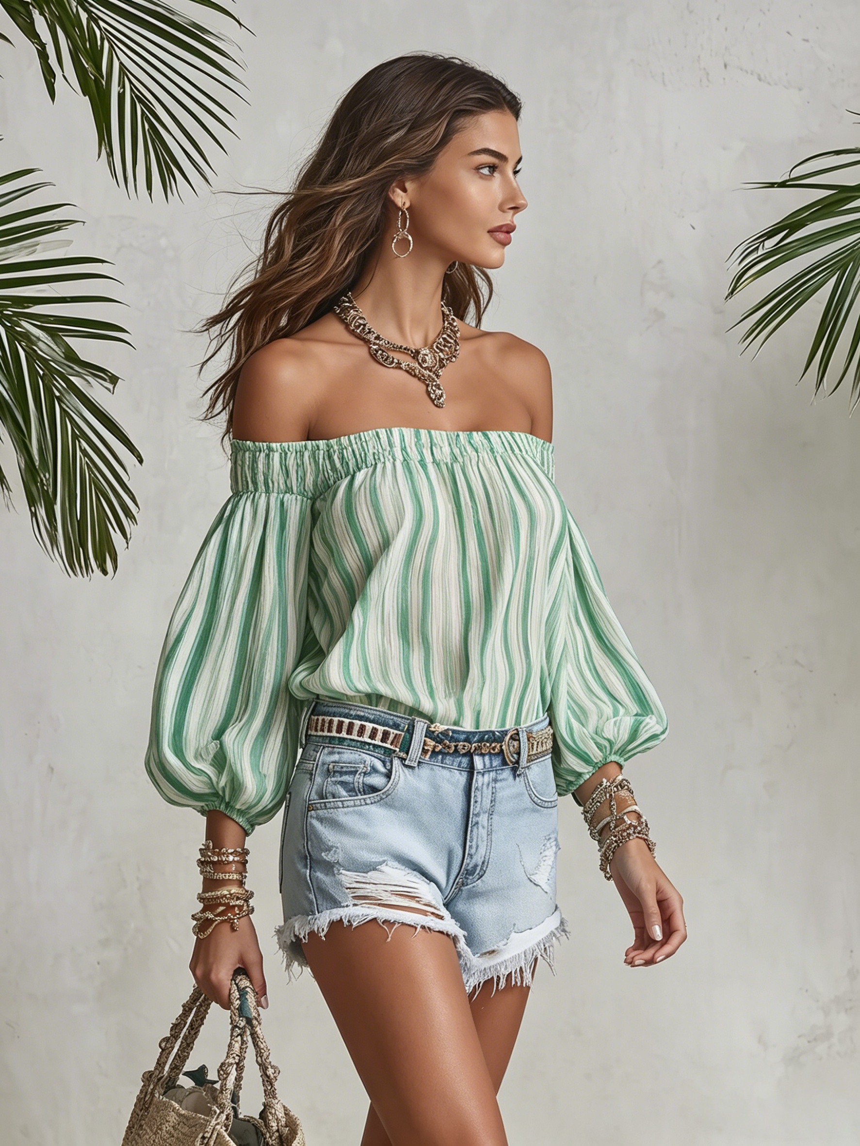 Resort-style Off-shoulder Striped Puff Sleeve Top