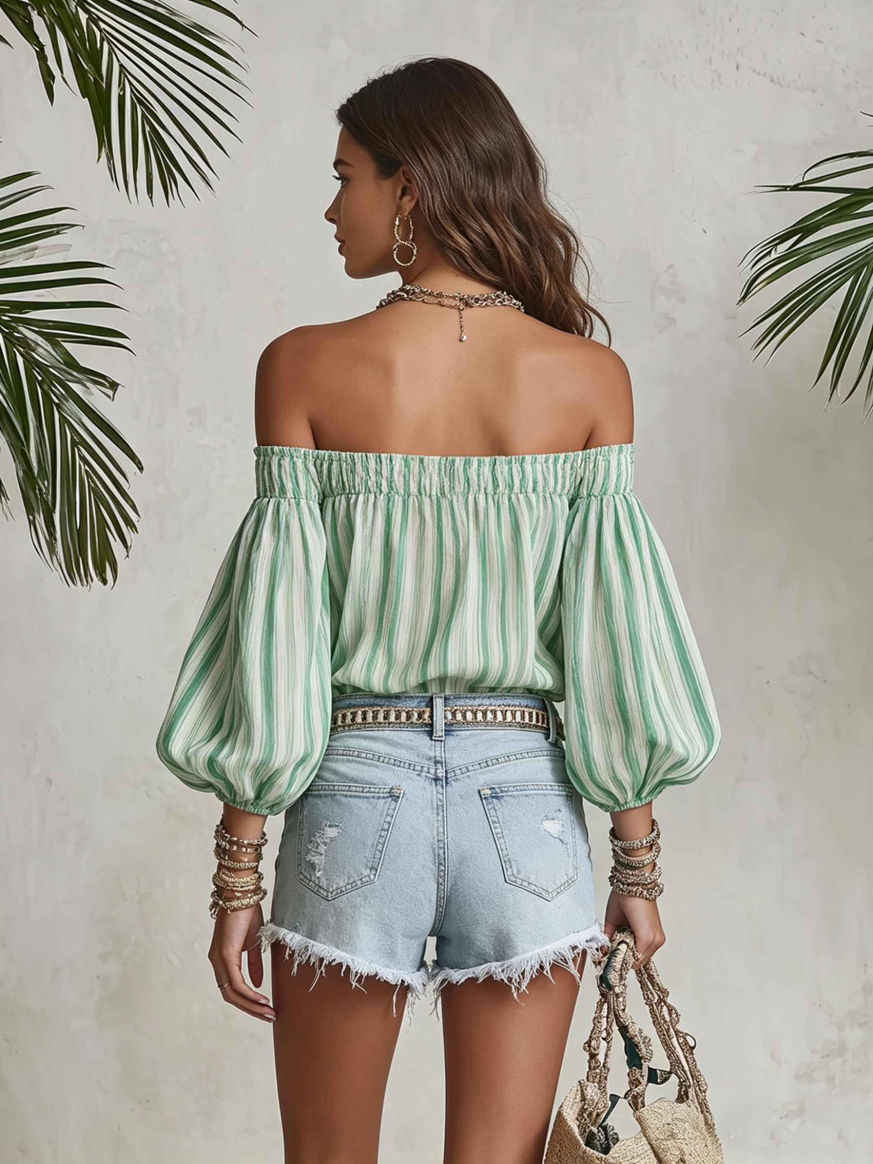 Resort-style Off-shoulder Striped Puff Sleeve Top