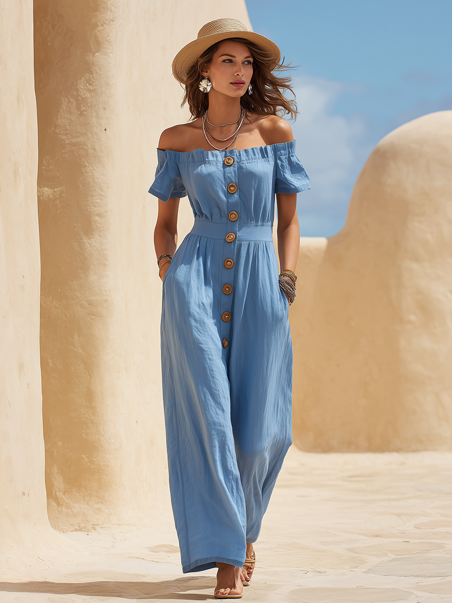 Vacation-Style Blue Off-Shoulder Short-Sleeve Jumpsuit