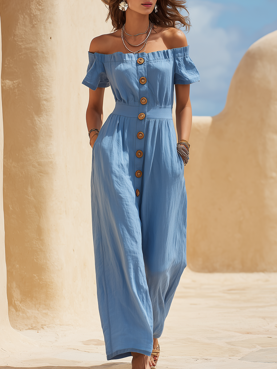 Vacation-Style Blue Off-Shoulder Short-Sleeve Jumpsuit