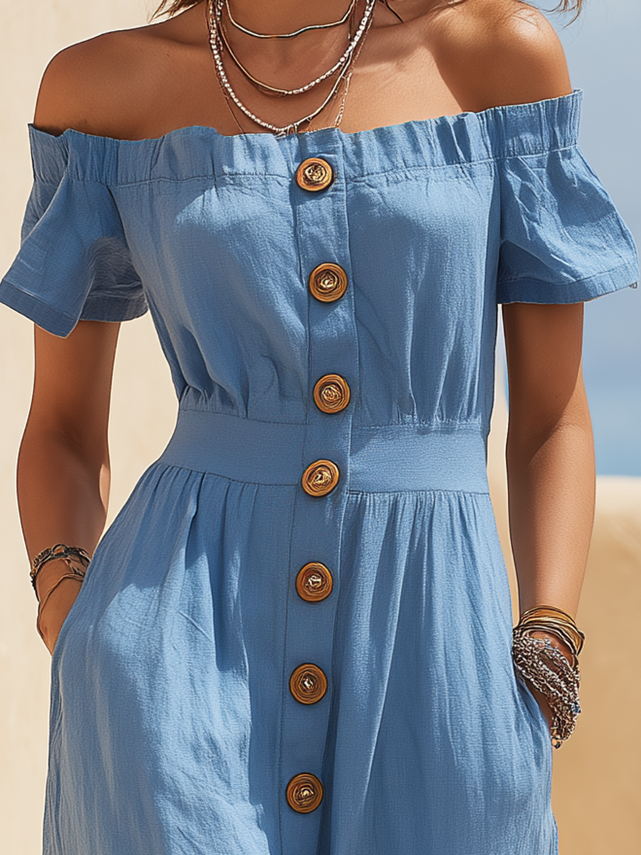 Vacation-Style Blue Off-Shoulder Short-Sleeve Jumpsuit