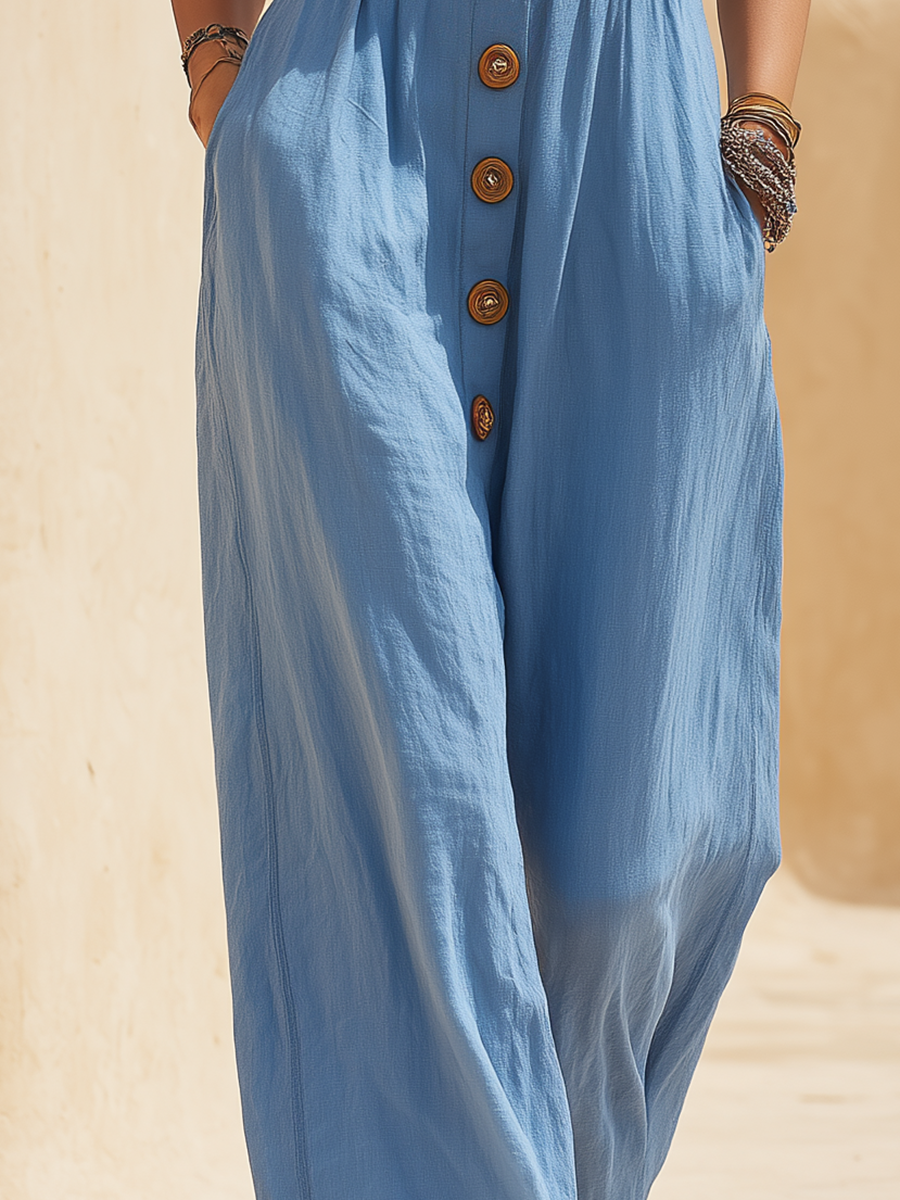 Vacation-Style Blue Off-Shoulder Short-Sleeve Jumpsuit
