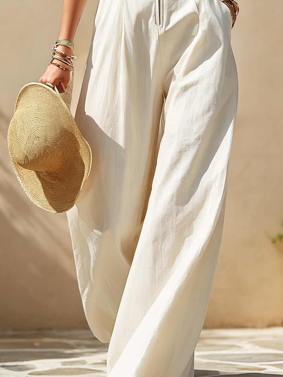 Vacation-Style White Zipper Stand-Collar Sleeveless Jumpsuit