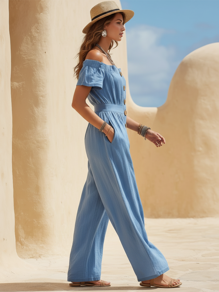Vacation-Style Blue Off-Shoulder Short-Sleeve Jumpsuit