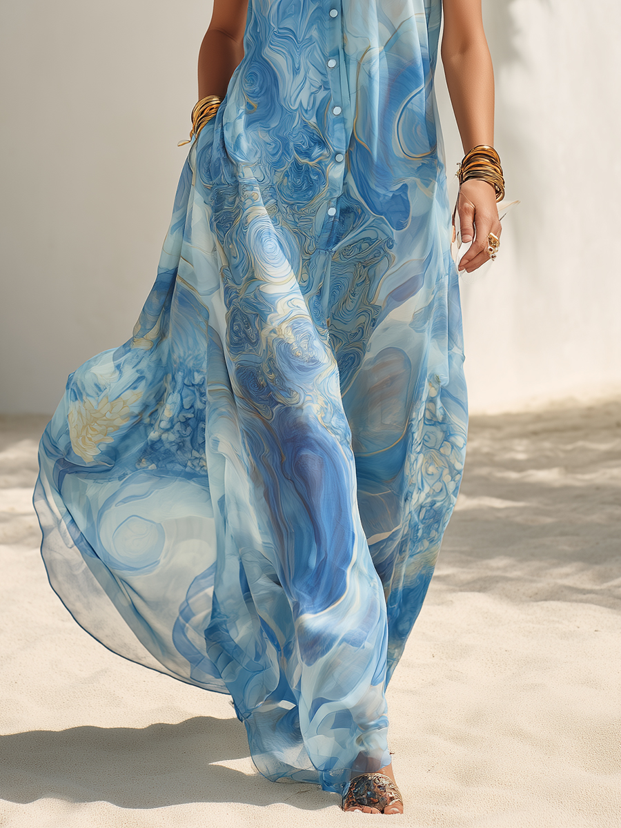 Bohemian Resort Blue Abstract Chiffon Print High-Neck Button Sleeveless Maxi Dress