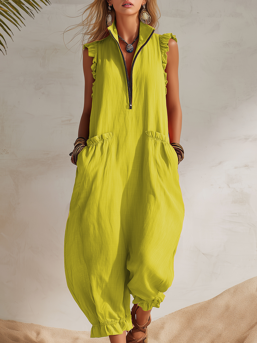 Bohemian Vacation Black Zipper Yellow-green Cotton Linen Ruffled Sleeveless Jumpsuit